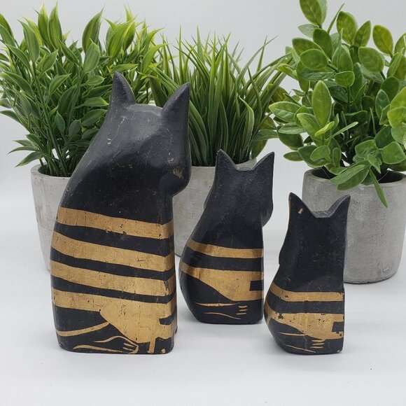 LAUREL Burch Trio Cat Hand Painted Black Gold Wooden Folk Art Figurines - Picture 7 of 9